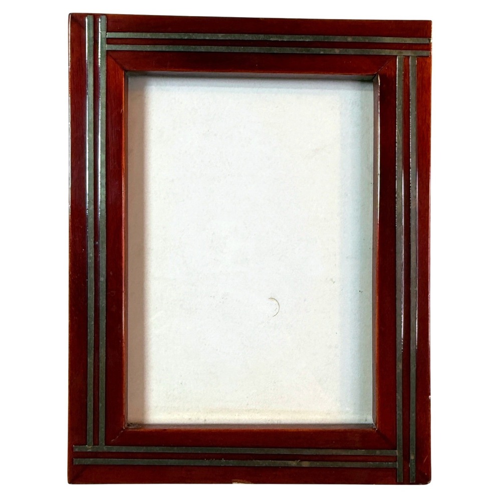 Vintage MCM Wood Picture Frame Brass Inlay Accent Retro Home Decor Made In Korea